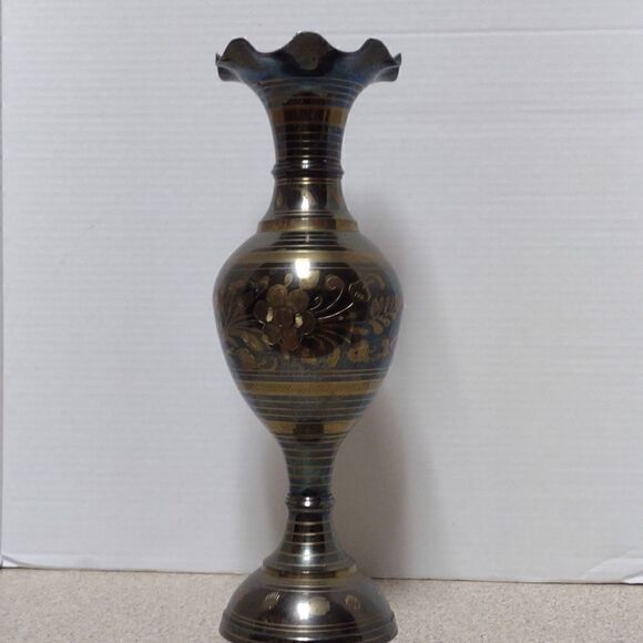 Tall Etched Brass Vase Urn - Picture 3 of 5